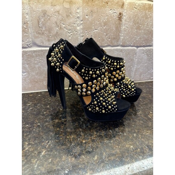 Jeffrey Campbell Ponytail Black Leather Gold Studded Heels Size 7.5 EUC - Picture 3 of 10